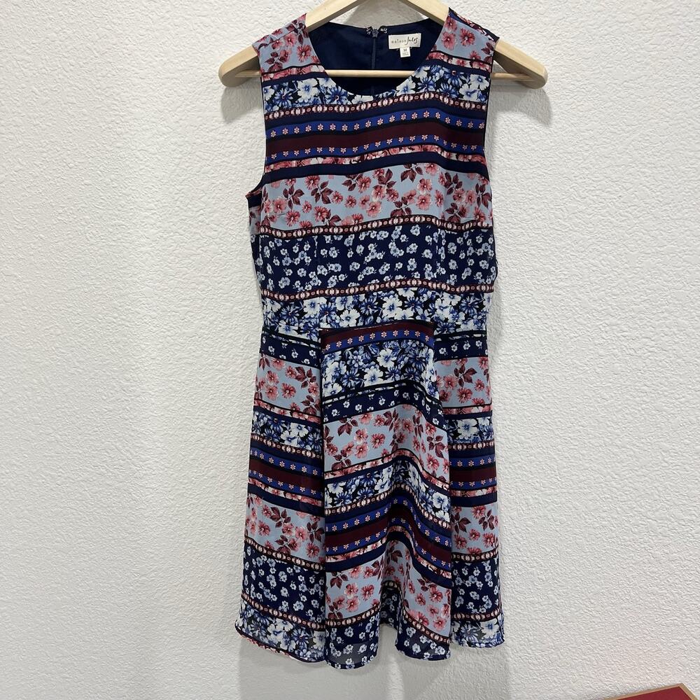Maison Jules Blue Floral Stripe Fit & Flare Sleeveless Dress Size Medium